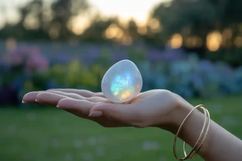 gros plan sur pierre de lune posée sur une main