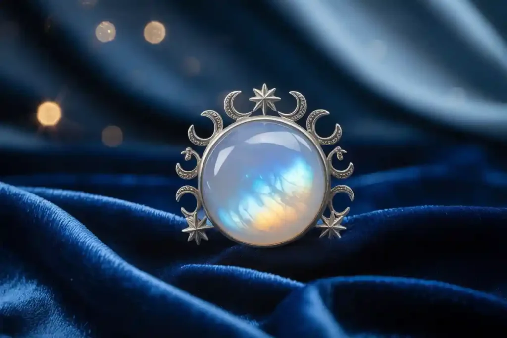 pendentif pierre de lune avec croissants de lune et étoiles