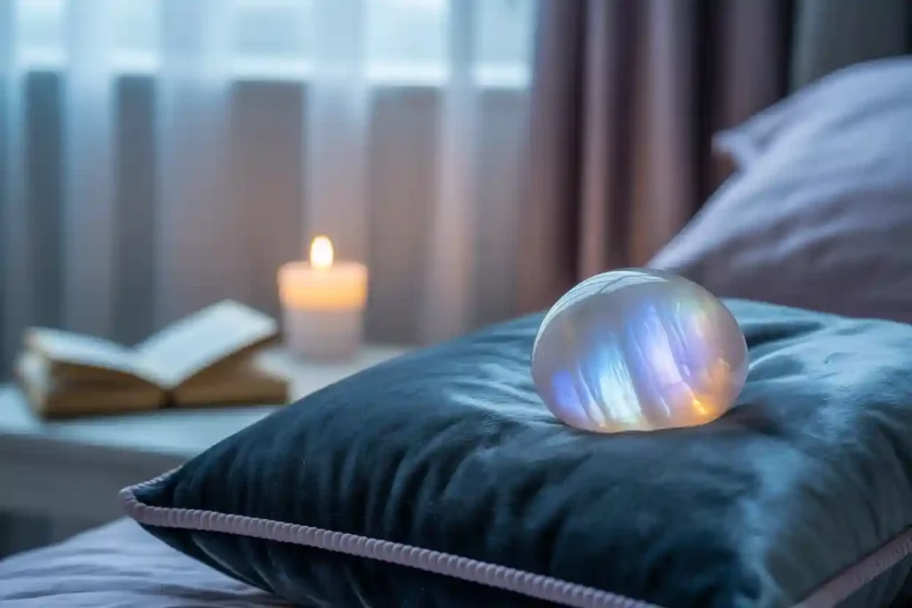 pierre de lune posée sur un coussin sur le lit dans la chambre