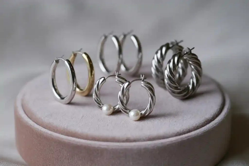 plusieurs boucles d'oreilles créoles en argent de 3-4 cm de diamètre