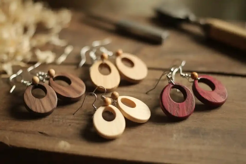 plusieurs boucles d'oreilles pendantes en bois