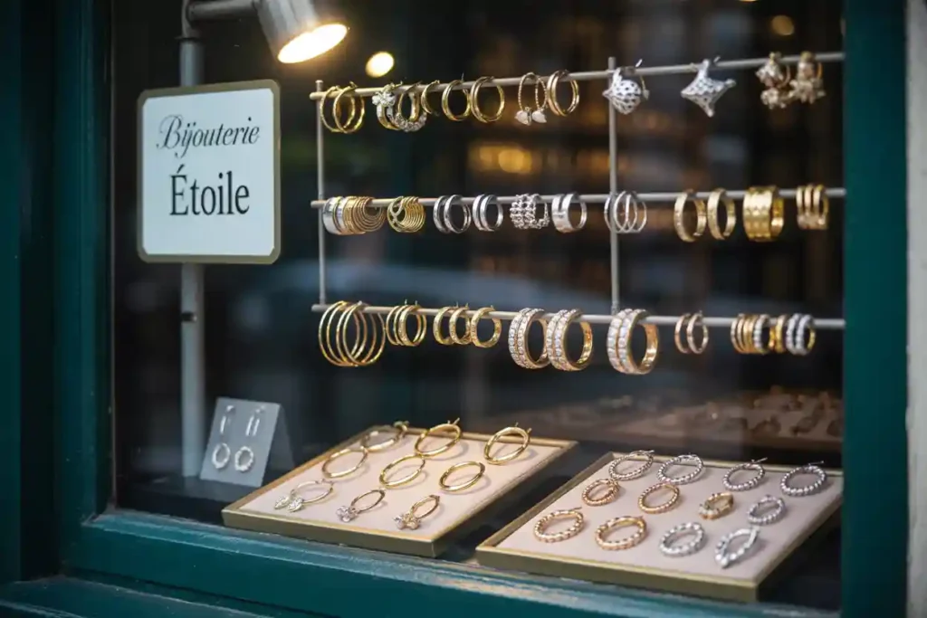 vitrine de bijouterie avec plusieurs modèles de boucles d'oreilles créoles