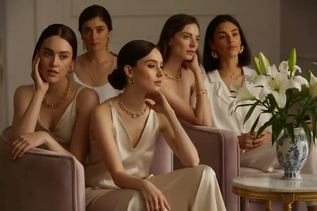 5 femmes en teue de soirée qui portent des bijoux en plaqué or