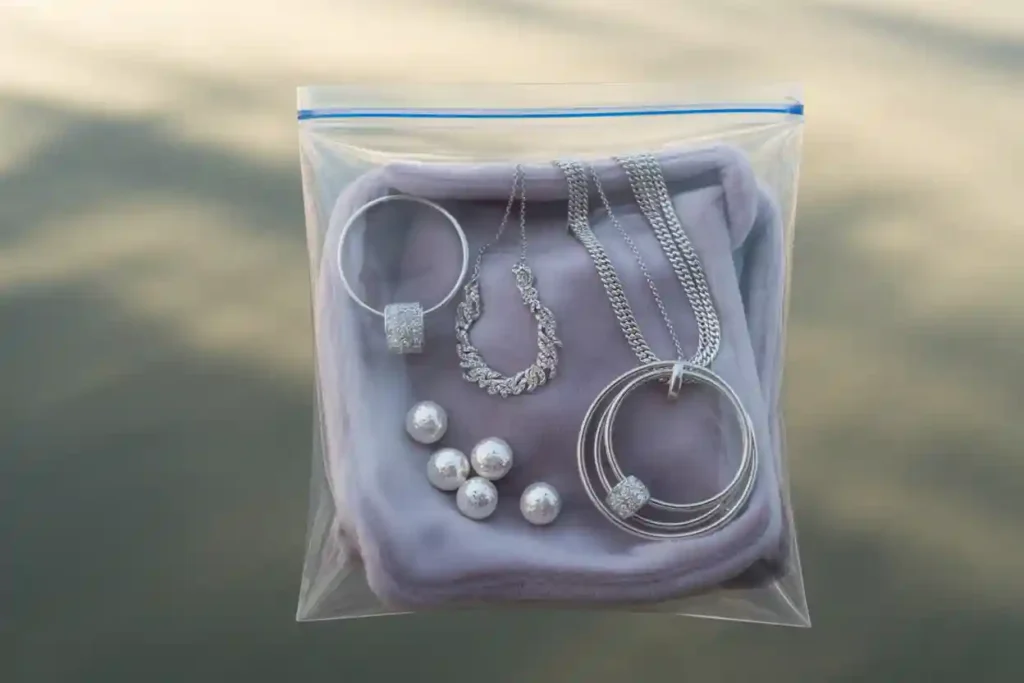 bijoux en argent rangés dans une pochette transparente hermétique