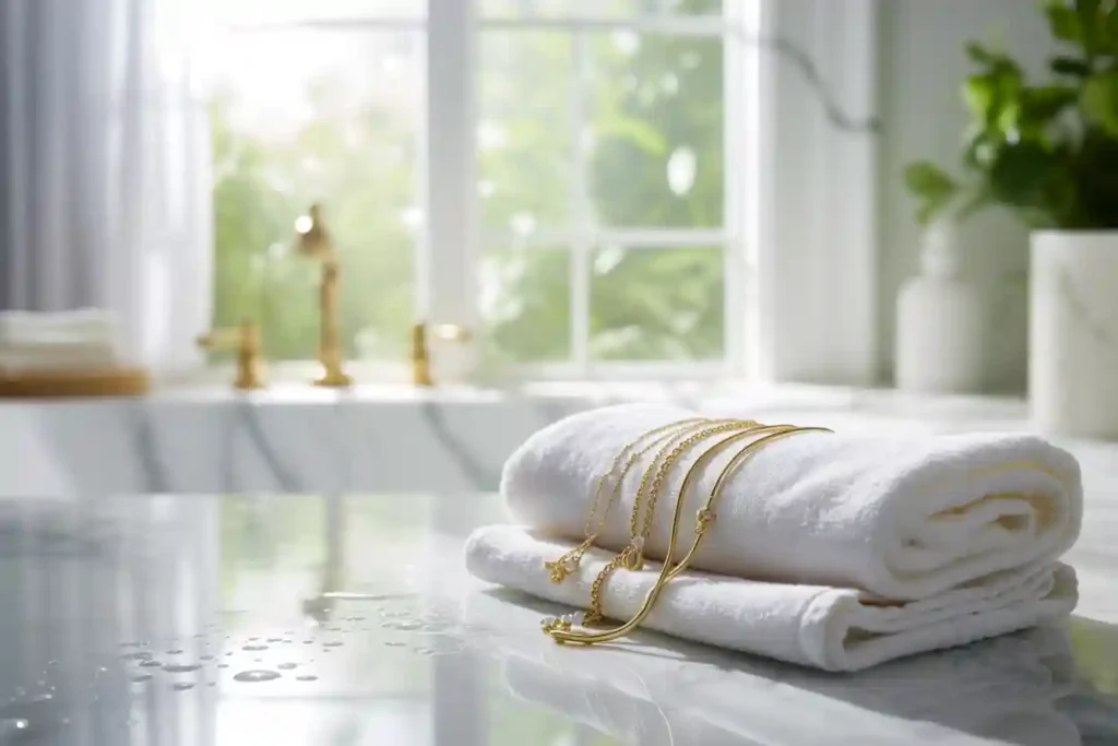 bijoux en plaqué or posés sur une serviette de bain dans la sdb