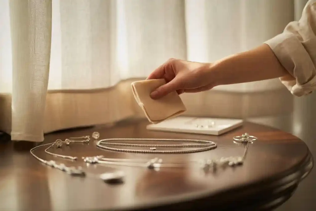 bijoux femme en argent posés sur une table et main de femme qui tient une chamoisine