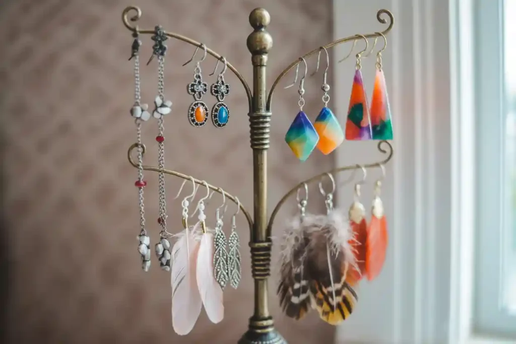 boucles d'oreilles pendantes suspendues à un arbre à bijoux