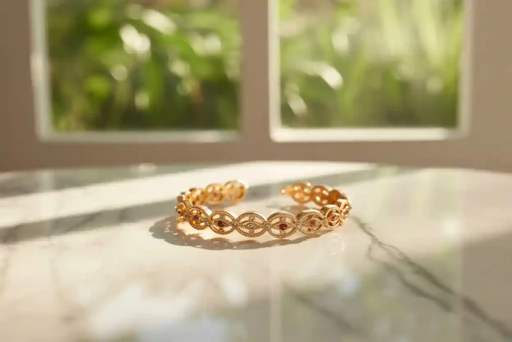bracelet jonc en plaqué or avec différentes pierres de plusieurs couleurs
