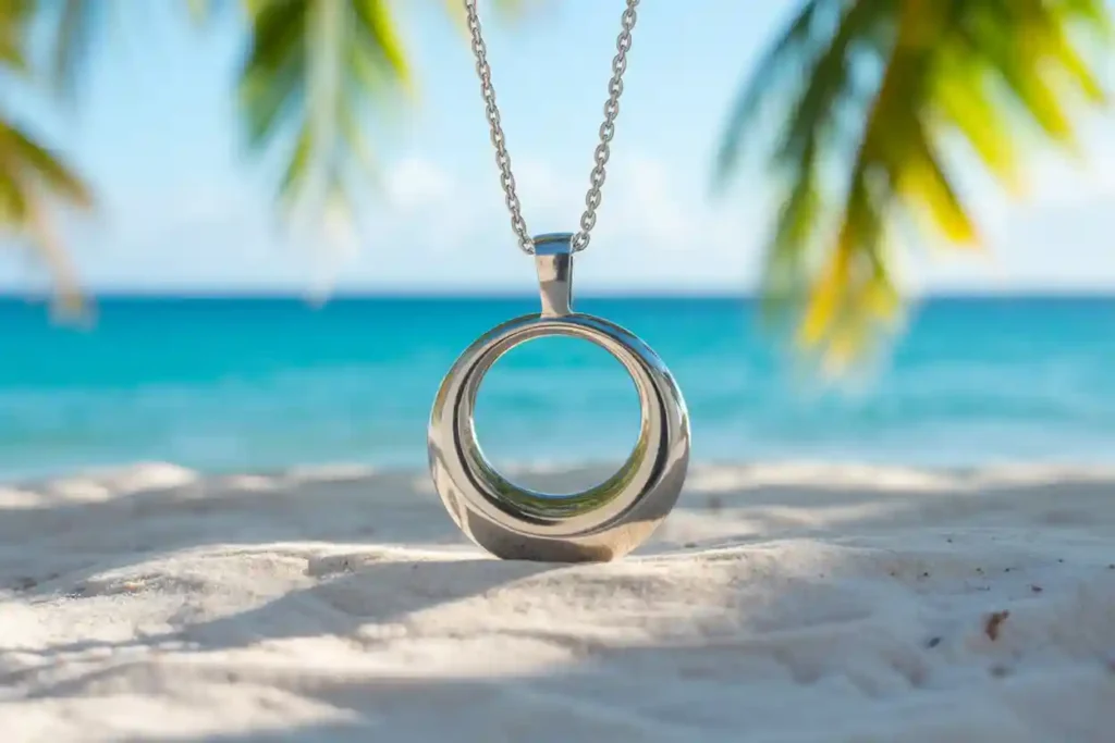 collier en acier inoxydable sur sable de plage