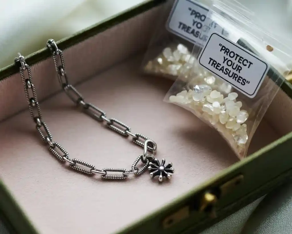 collier oxydé et cristaux de gel de silice