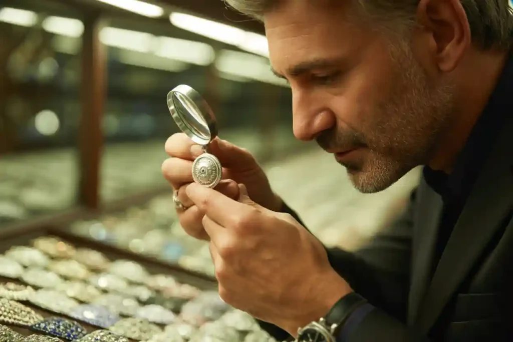 expert joaillier qui vérifie qu'un pendentif est bien en argent