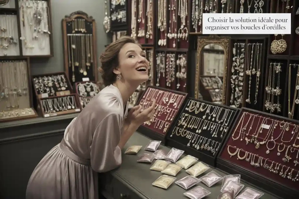 femme devant différents présentoirs à bijoux.