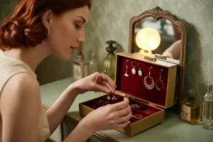 femme en train de ranger ses boucles d'oreilles de toutes sortes (créoles, puces, clous, pendantes)