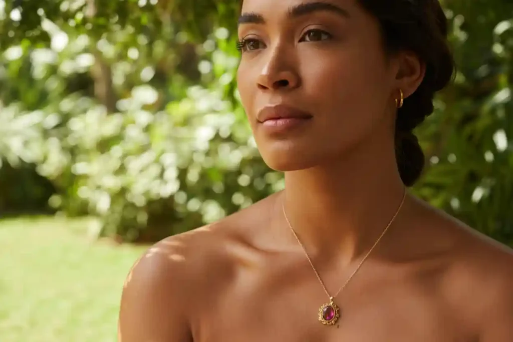femme métisse qui porte un pendentif en or et tourmaline