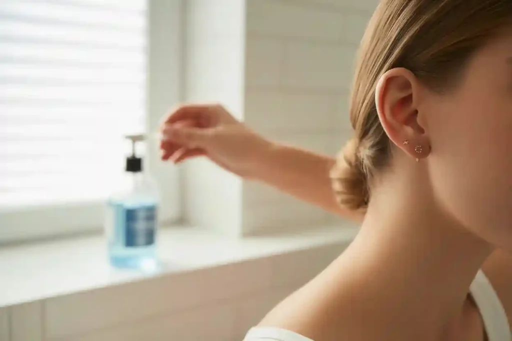 femme qu porte des clous d'oreilles et alcool à 70°