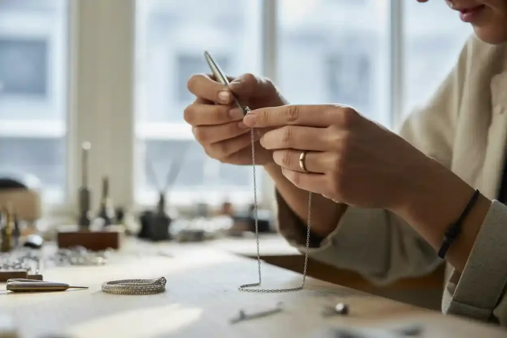 femme qui assemble des bijoux en acier inoxydable