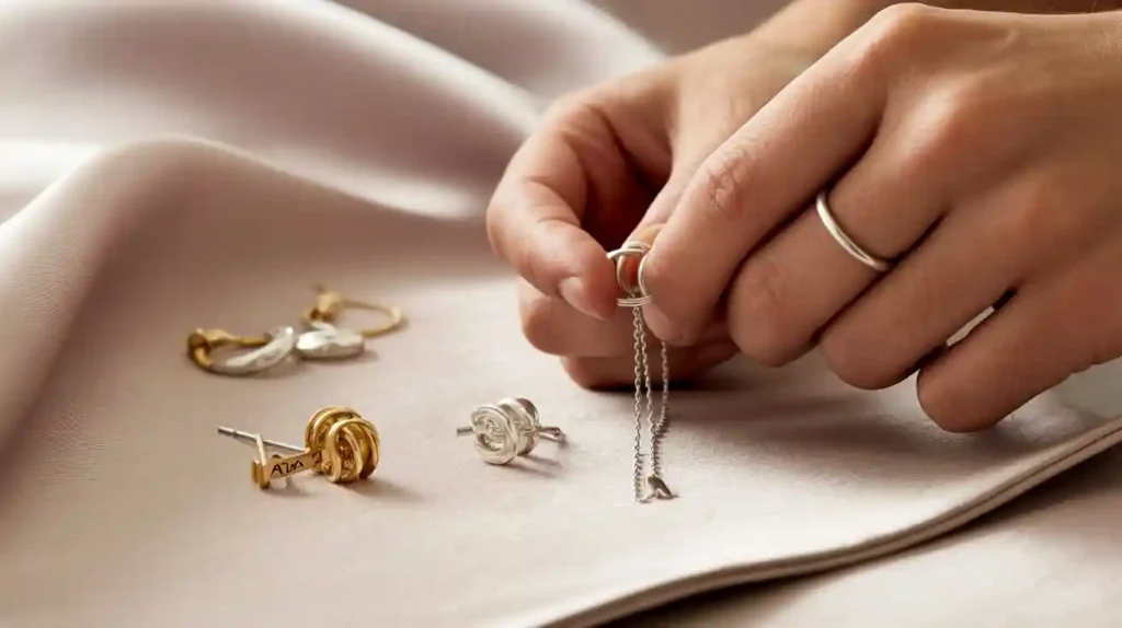 femme qui entretient les systèmes de fermeture de ses boucles d'oreilles