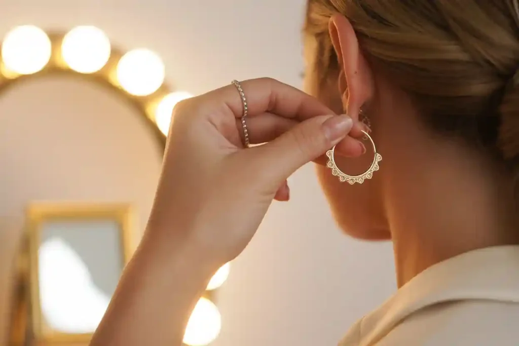 femme qui n'arrive pas à mettre ses boucles d'oreilles créoles