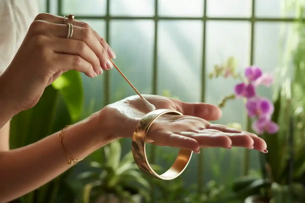 femme qui nettoie son bracelet en acier inoxydable doré avec u coton imbibé d'eau et du savon
