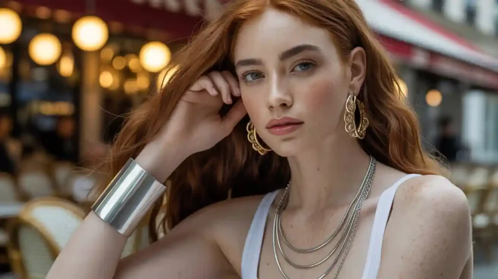 femme qui porte de beaux bijoux en acier inoxydable argentés et dorés