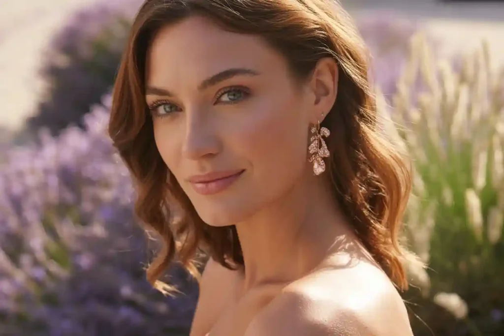 femme qui porte des bouucles d'oreilles en argent rose avec des cristaux