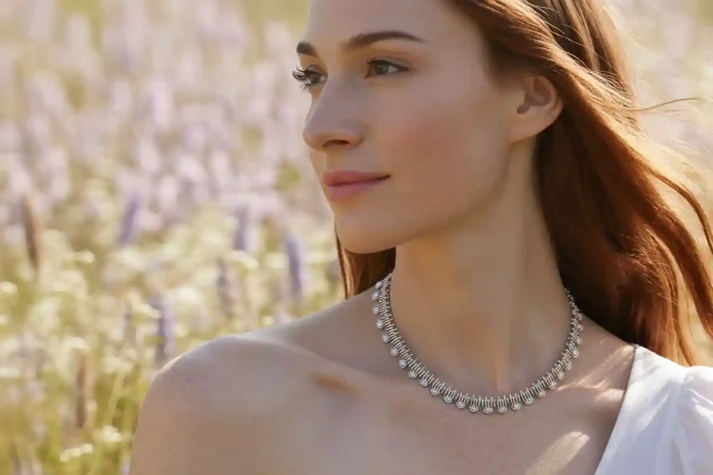 femme qui porte un beau collier en acier inoxydable