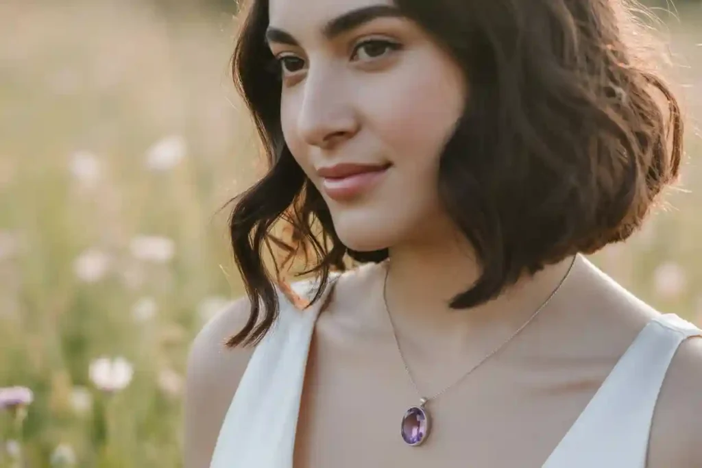 femme qui porte un beau pendentif améthyste