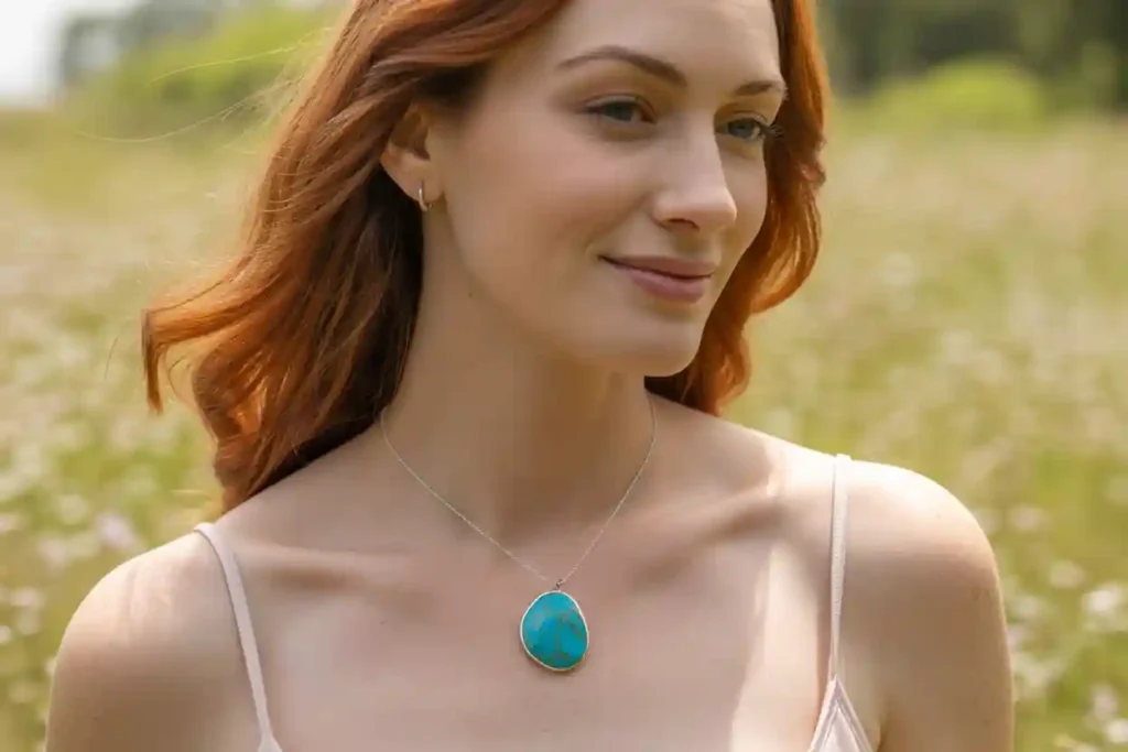 femme qui porte un beau pendentif avec une pierre turquoise