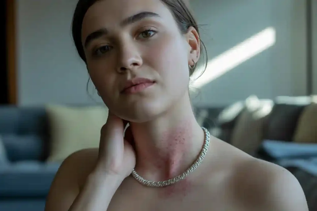 femme qui porte un collier en plaqué argent et qui a des démangeaisons à cause d'un léger eczéma au cou