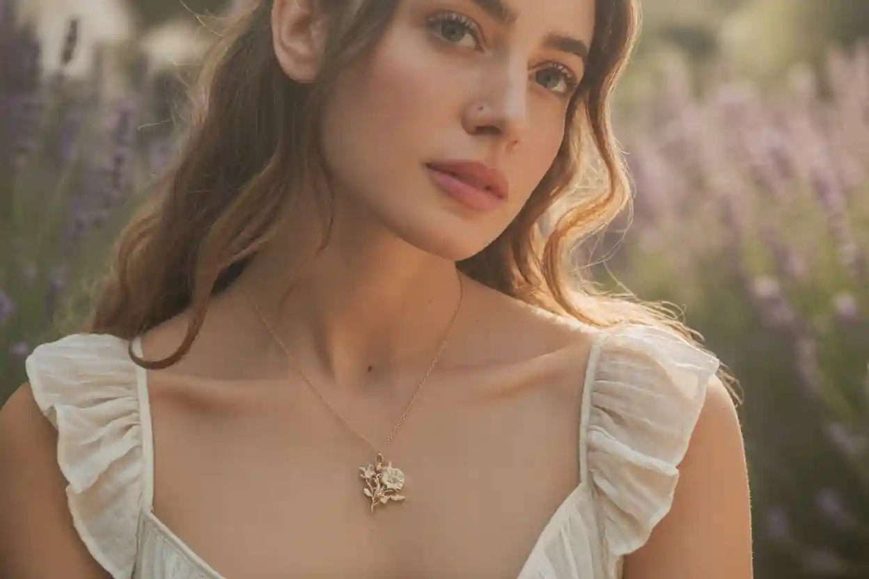 femme qui porte un joli pendentif fleurs en plaqué or
