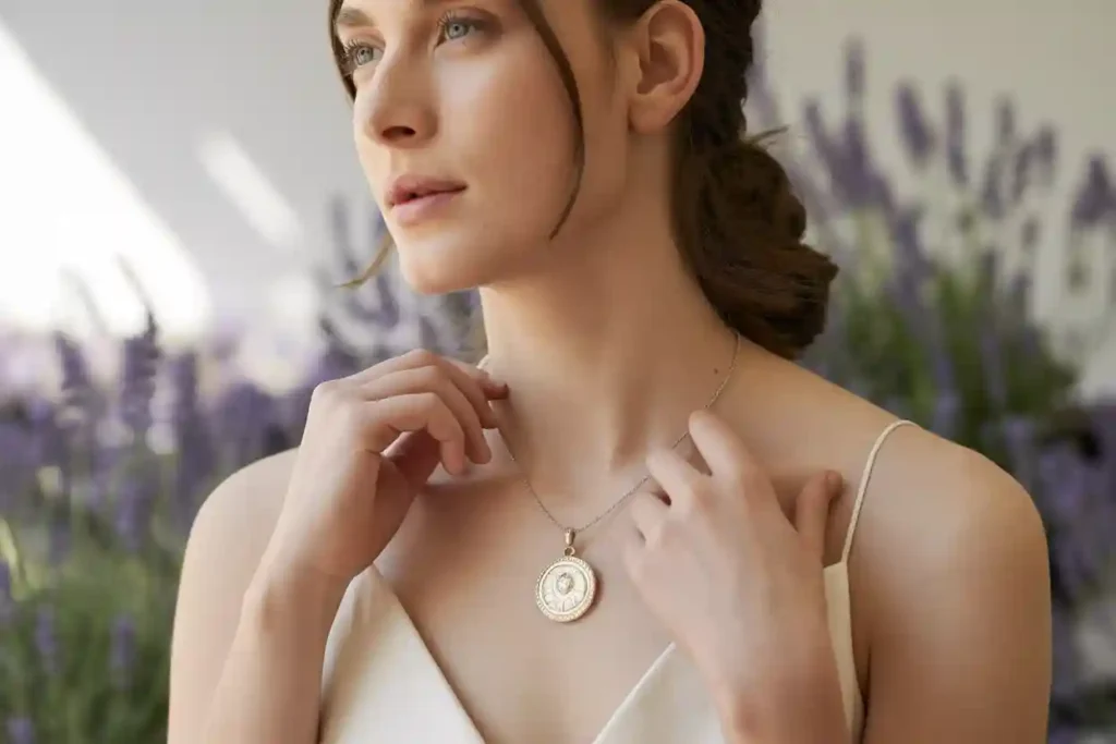 femme qui porte un joli pendentif médaillon