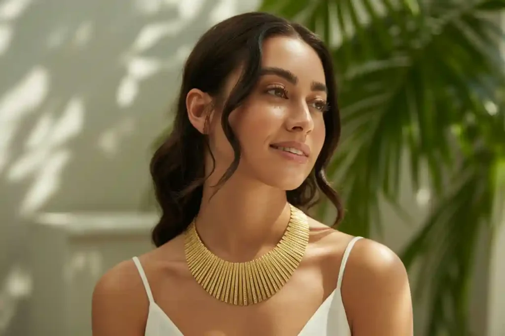 femme qui porte un magnifique collier en acier inoxydable doré