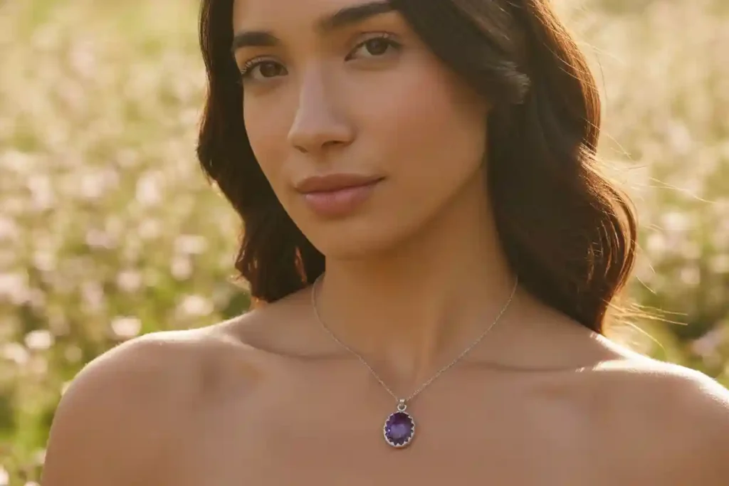 femme qui porte un pendentif avec une améthyste en tant que talisman