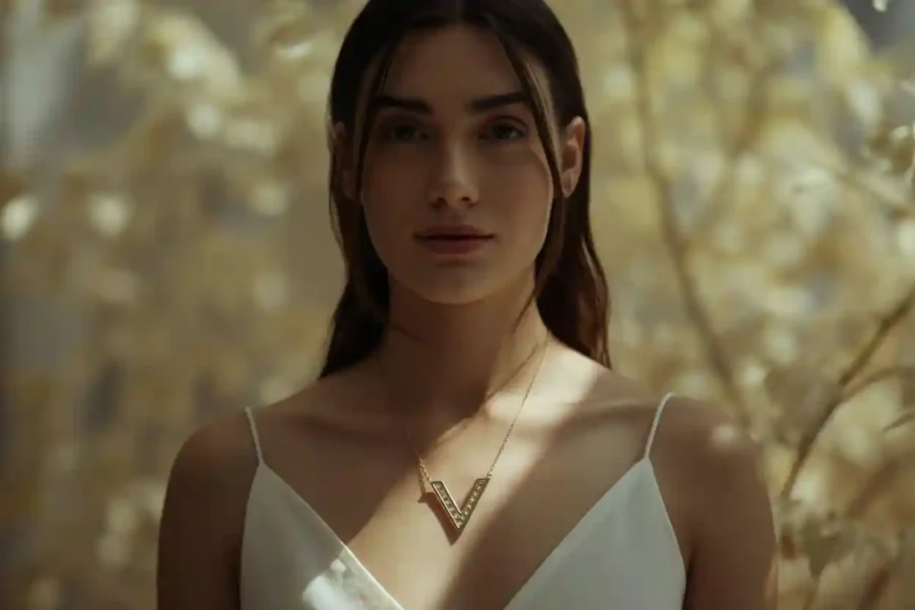 femme qui porte un pendentif bien travaillé avec une forme de v
