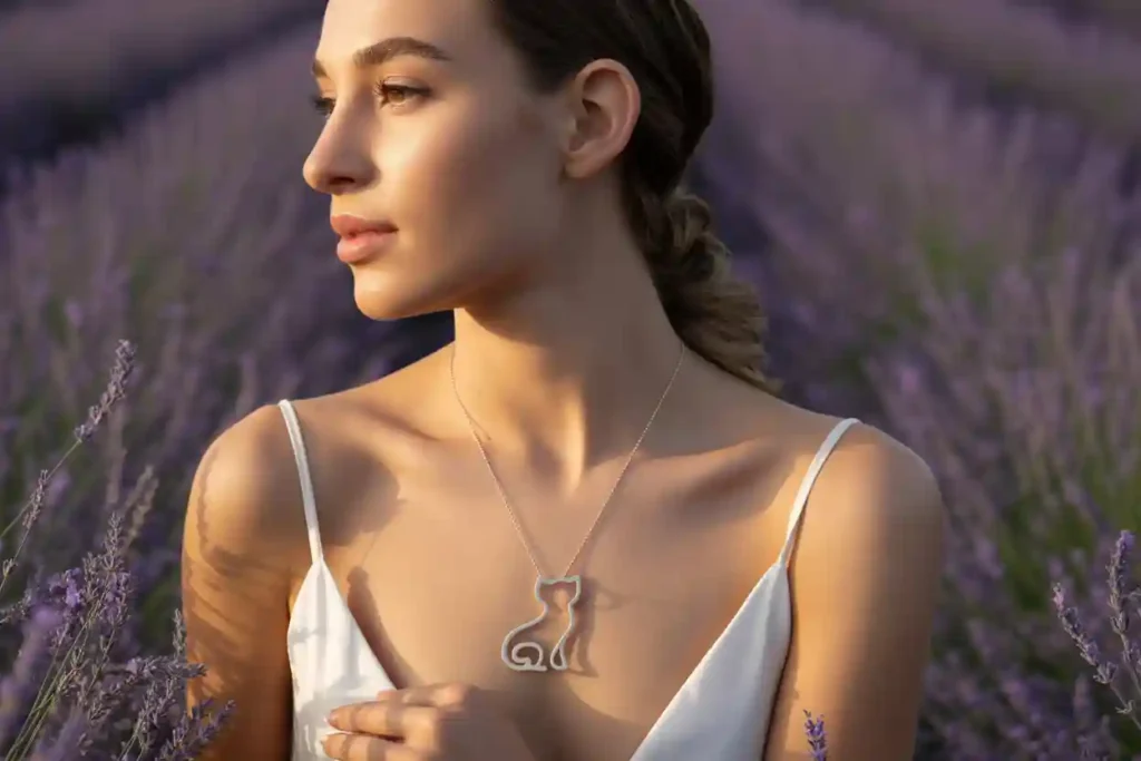 femme qui porte un pendentif chat
