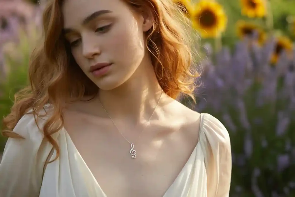 femme qui porte un pendentif clé de sol