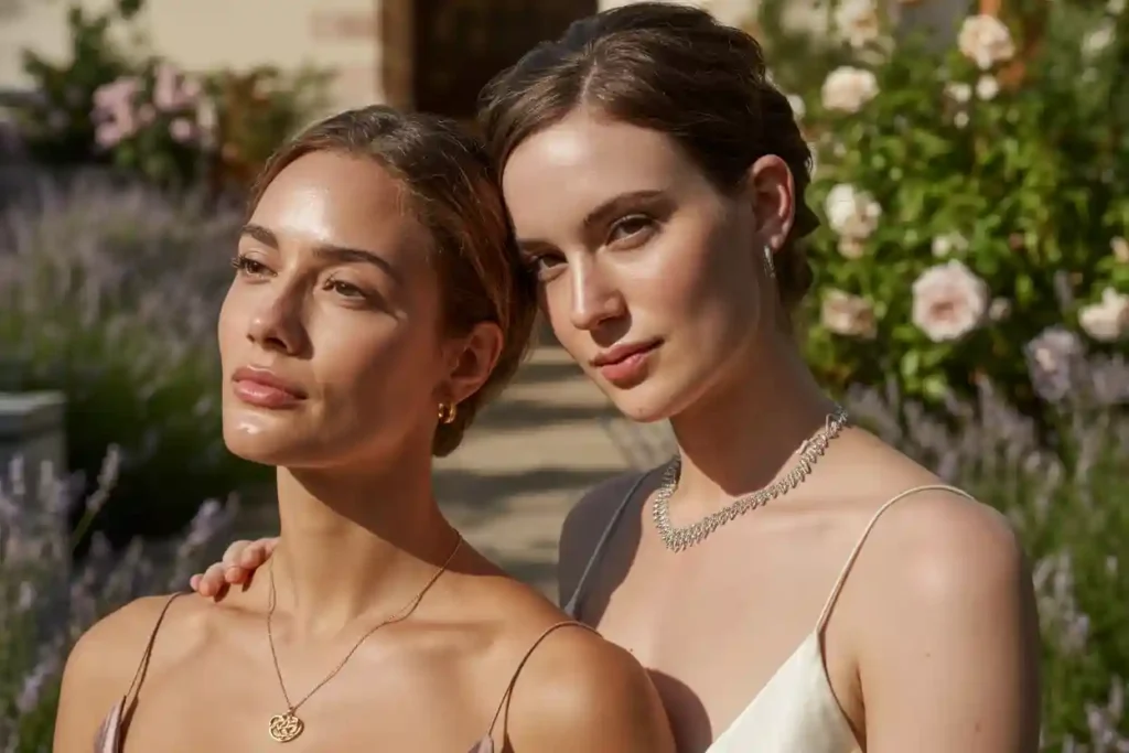 femme qui porte un pendentif en plaqué or et une femme qui porte un collier en argent