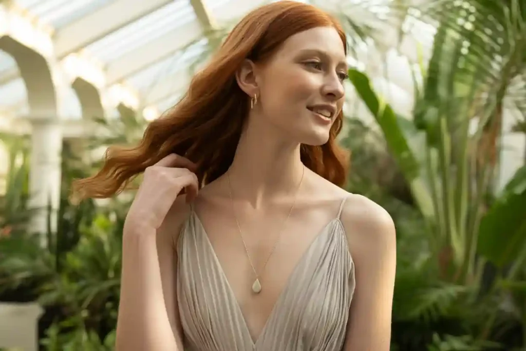 femme qui porte un pendetif attaché à une longue chaîne