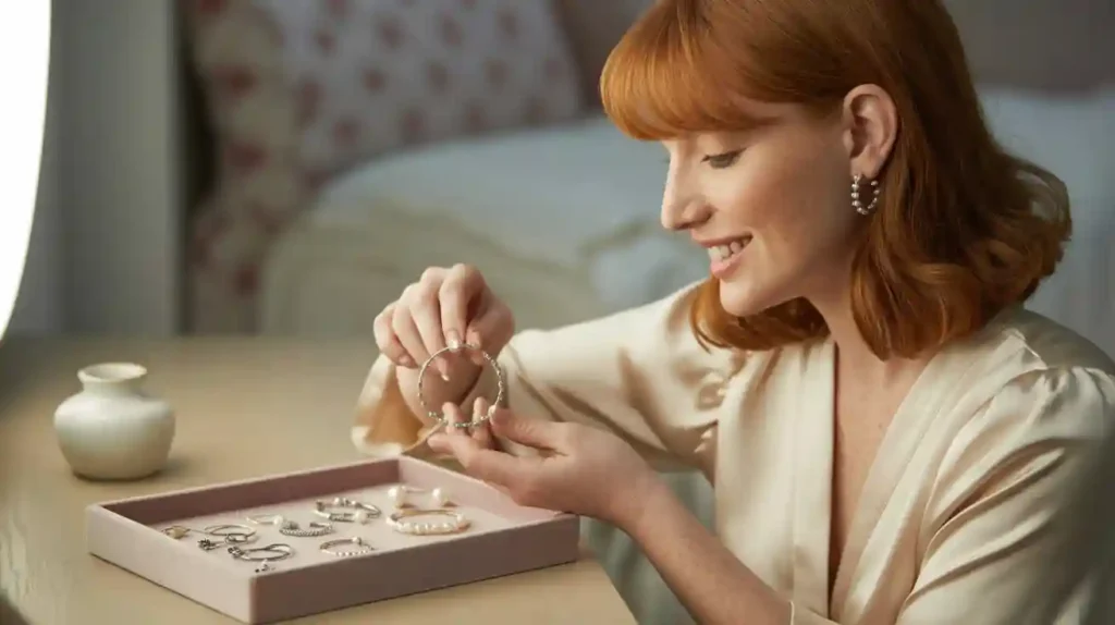 femme qui prend plaisir à regarder sa collection de boucles d'oreilles