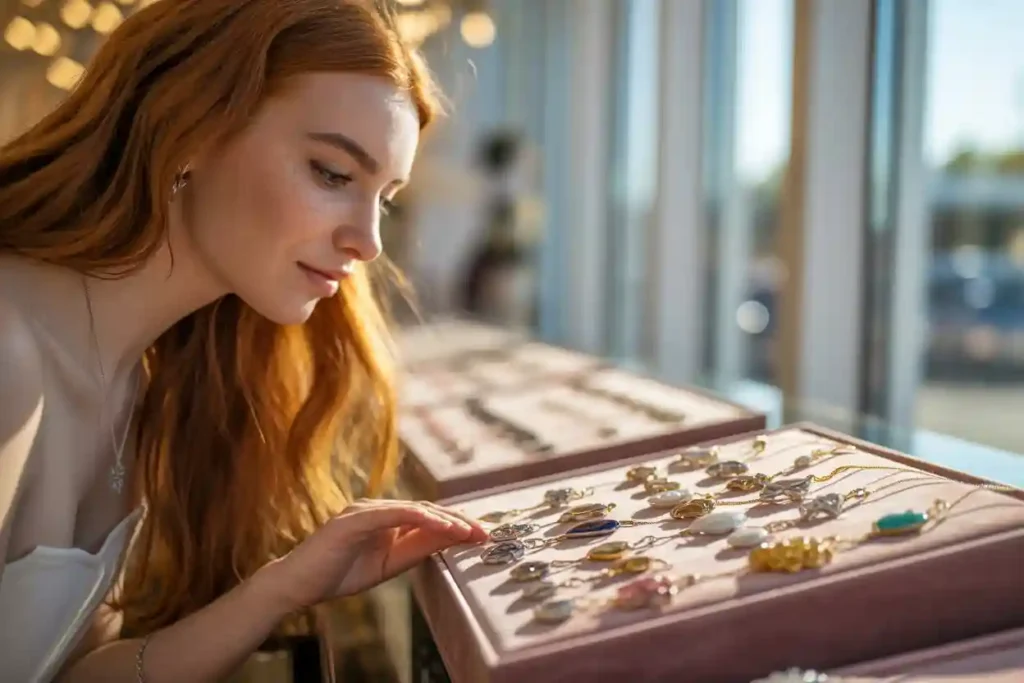 femme qui regarde des pendentifs dans une boutique de bijoux