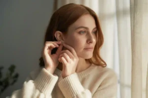 femme qui retire ses clous d'oreilles