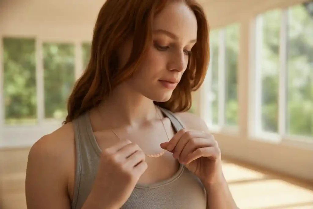 femme qui retire son collier en argent rose avant de faire du sport