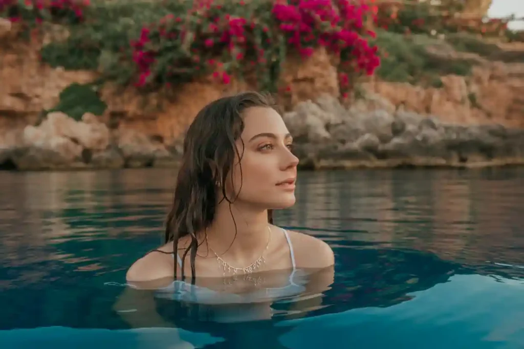 femme qui se baigne dans la mer avec son collier en argent