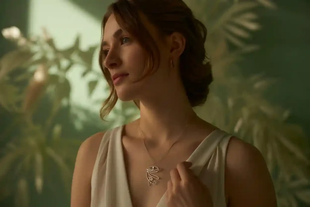 femme qui porte un grand pendentif au style abstait