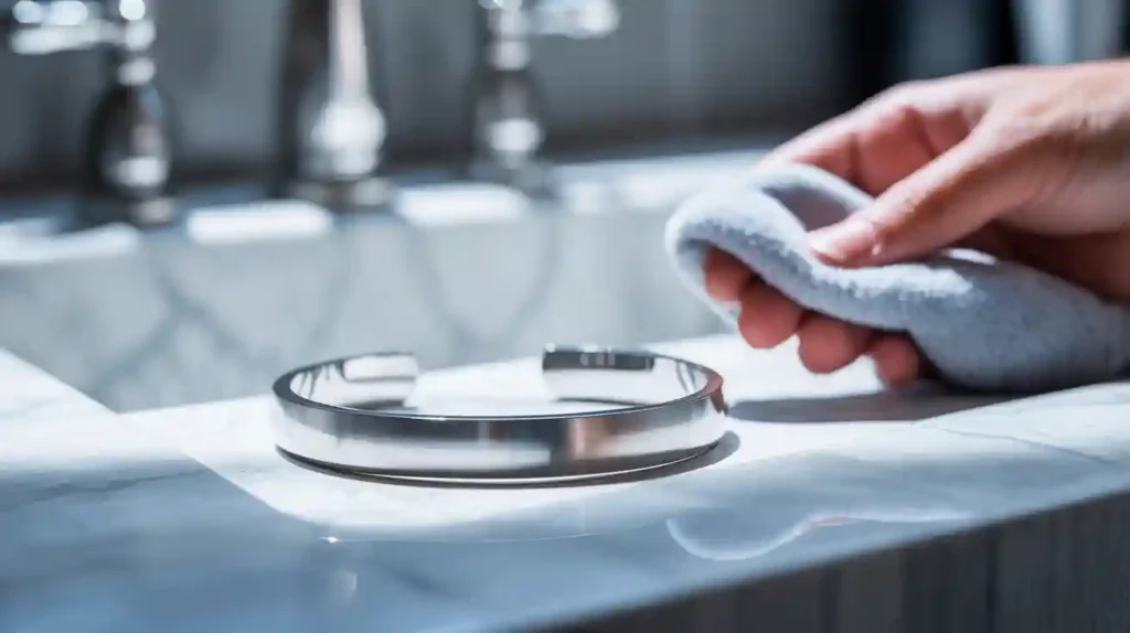 femme sur le point de nettoyer son bracelet jonc en acier inoxydable