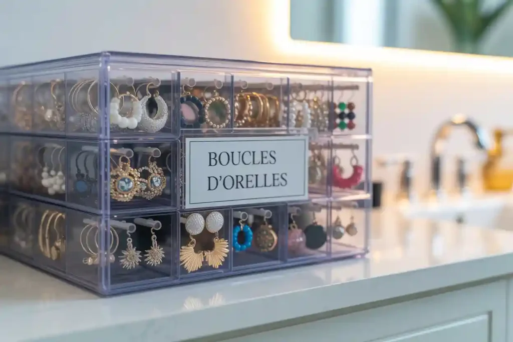 grand et large tiroir en plastique transparent pour ranger les boucles d'oreilles