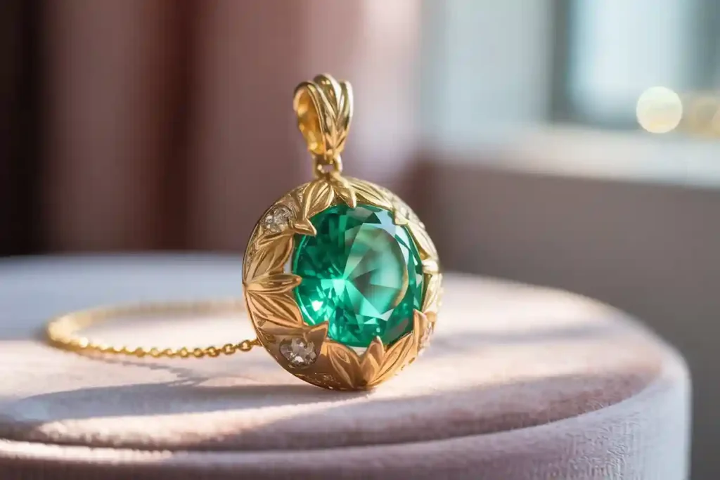 gros plan sur pendentif plaqué or avec pierre verte