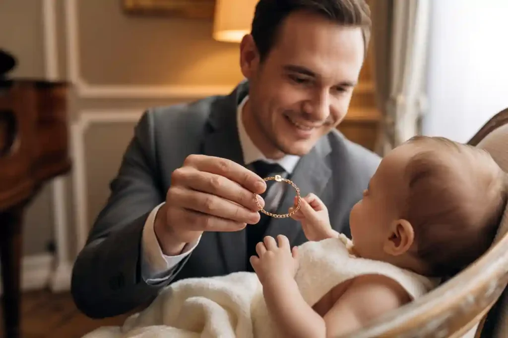 parrain qui offre une gourmette de baptême au bébé