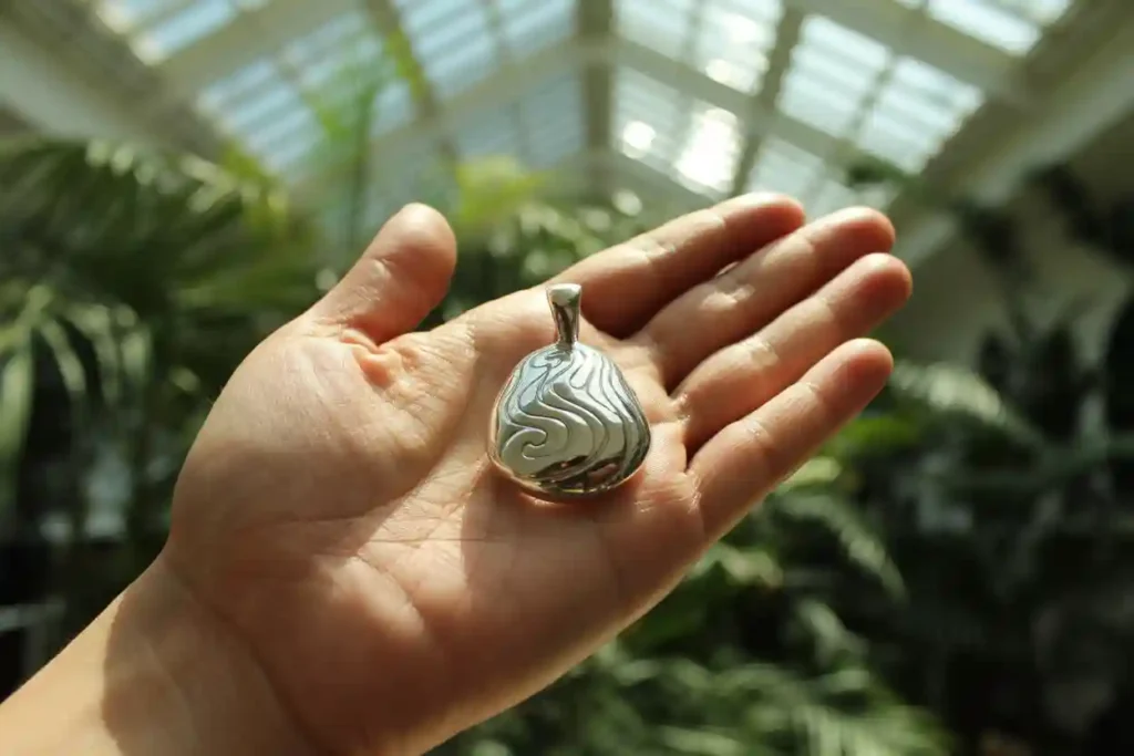 pendentif en acier inoxydable dans une main de femme