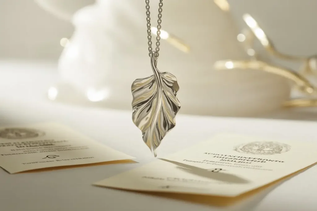 pendentif feuiile en argent et certificat d'authenticité